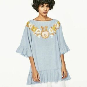 Zara Gingham Floral Embroidered Oversized Tunic